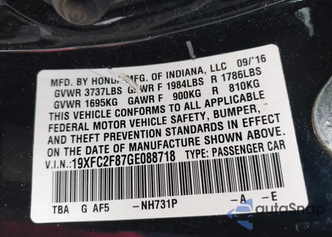 2016 Honda Civic Ex z USA, uszkodzony, nr VIN 19XFC2F87GE088718